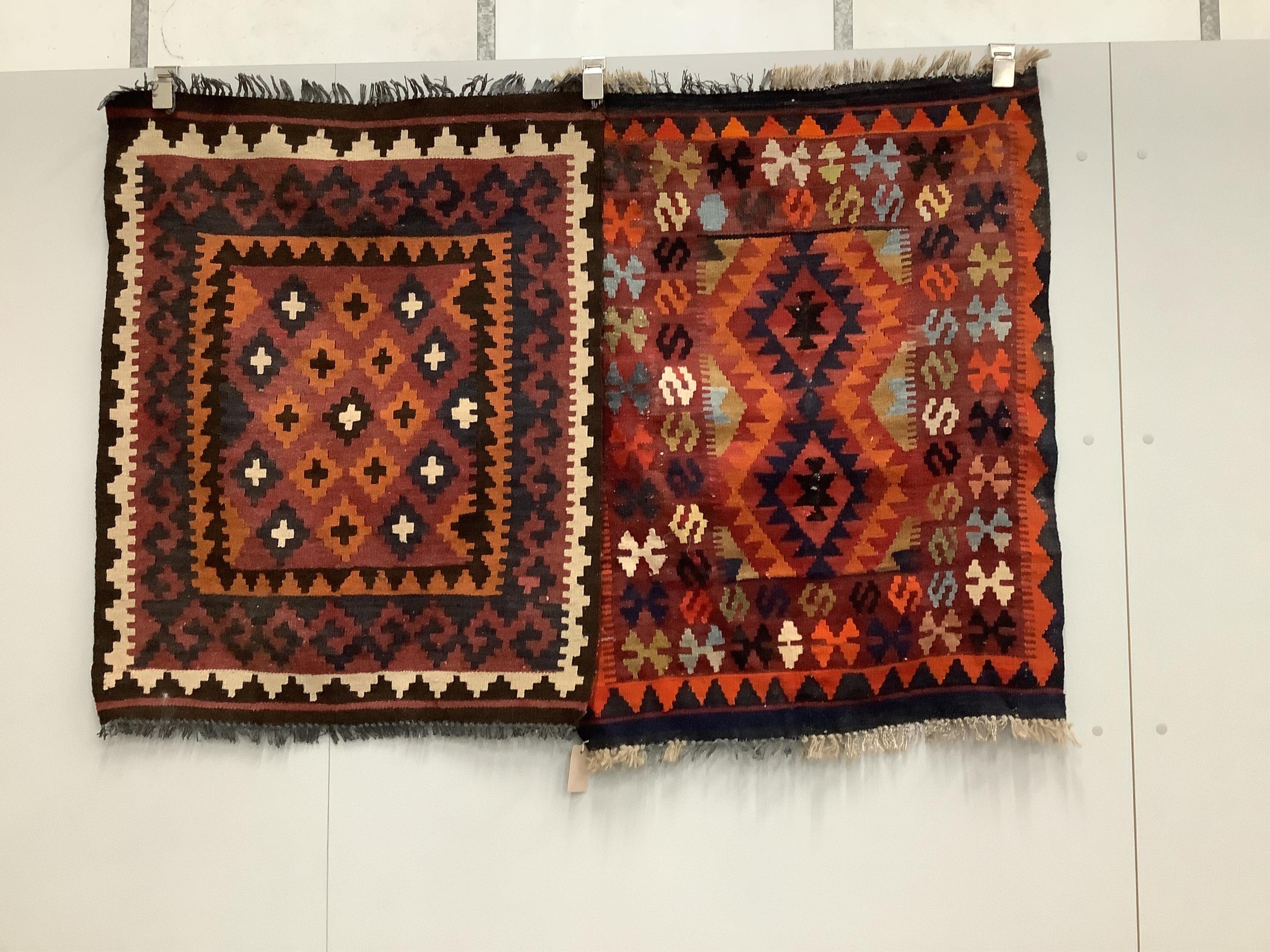 Two Kilim polychrome flat weave rugs, both 100cm x 78cm. Condition - fair to good